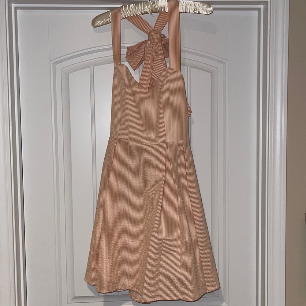 Lauren James orange and white seersucker dress